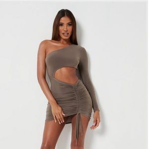 brown slinky seam free one shoulder cut out mini dress